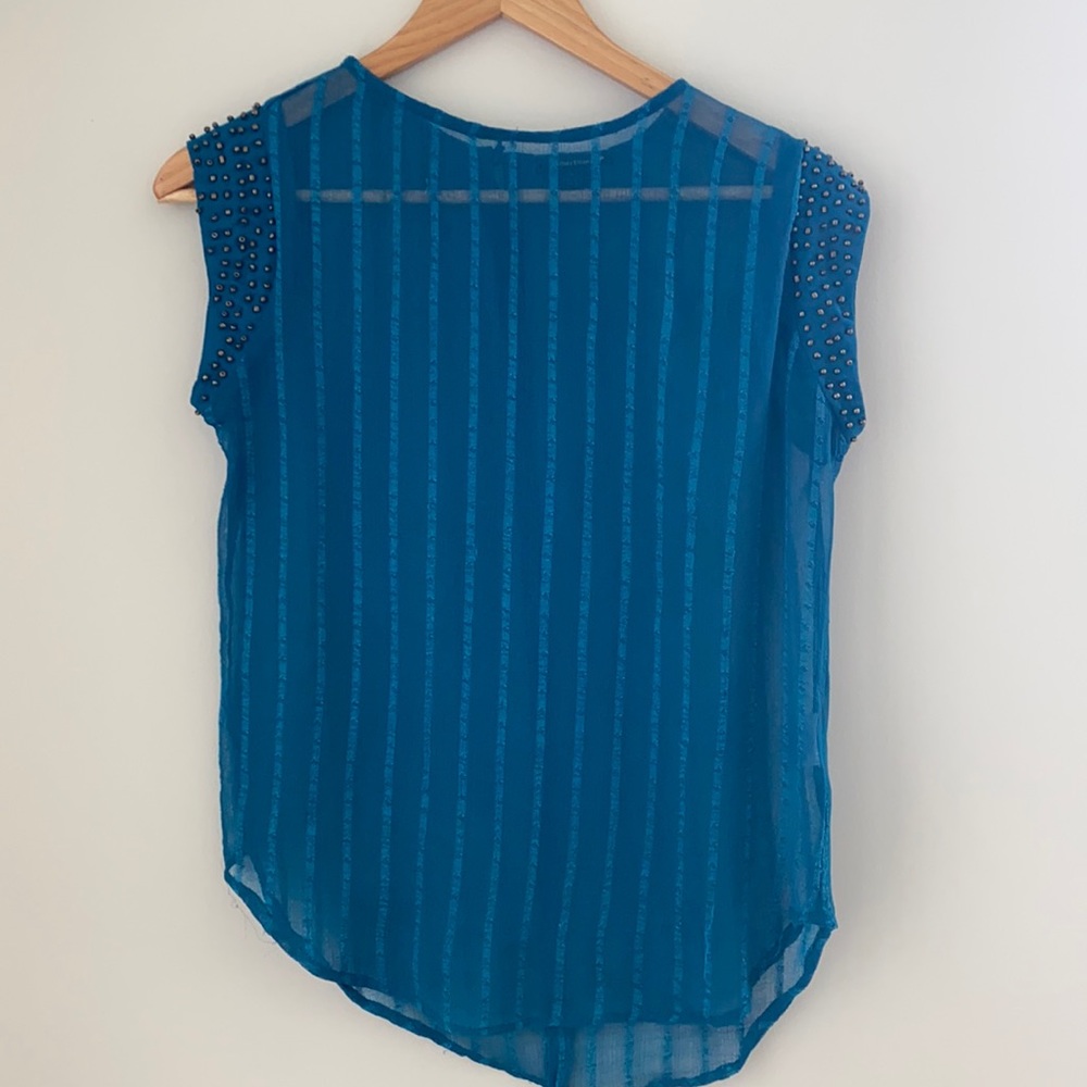 Sheer blue dress shirt with gold beading